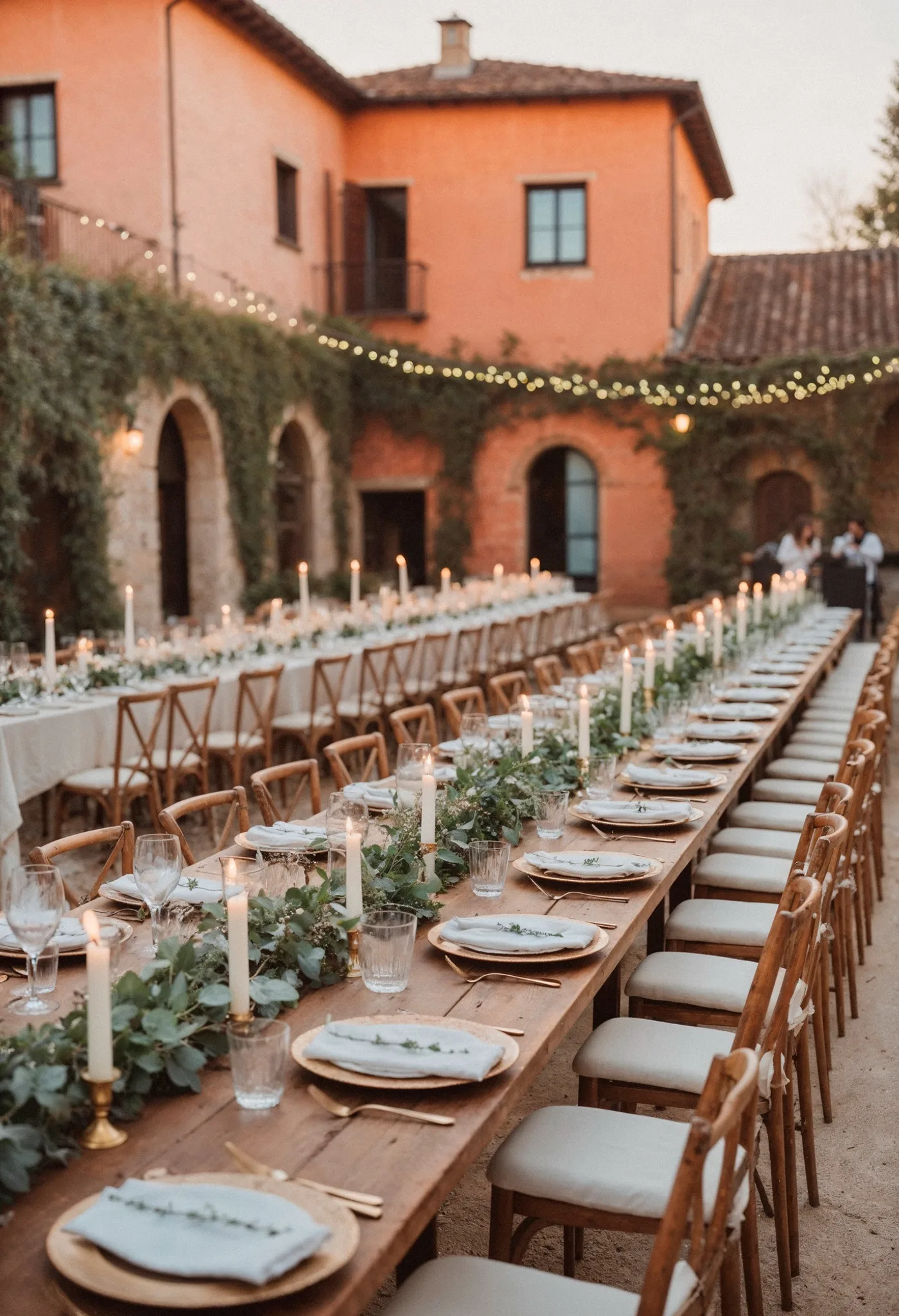 A long table laid for guests in a stone courtyard under festoon lights