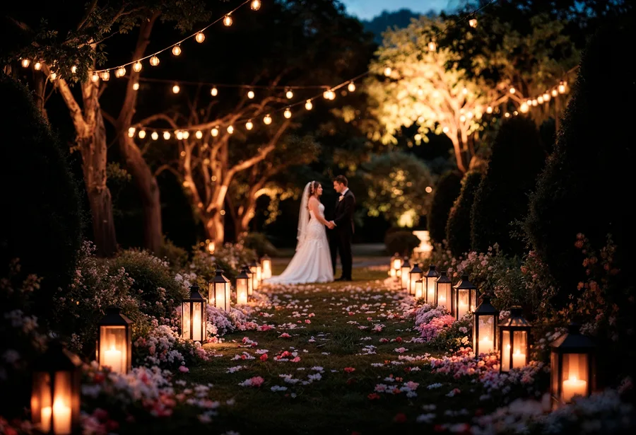 A garden path lit with candles and festoon lights at dusk